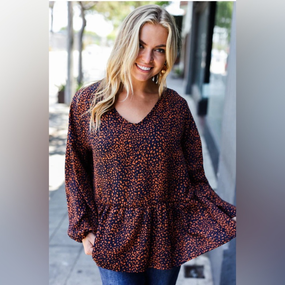 NWT Haptics NAVY & RUST LEOPARD WOVEN BABYDOLL TOP